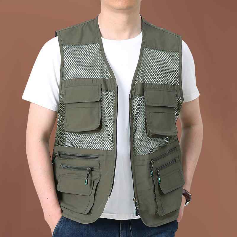 ベスト 男性用 薄手 メッシュ 多ポケット アウトドア レジャー 釣り 撮影 通気性 撥水 速乾 カーキ