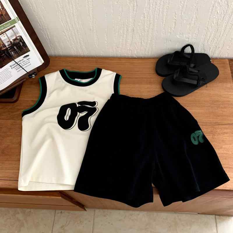 子供用タンクトップ セットアップ 男の子 ベビー服 夏服 薄手 綿98％ 上下 2点セット 幼児 小学生 普段着 部屋着 スポーツ 杏色