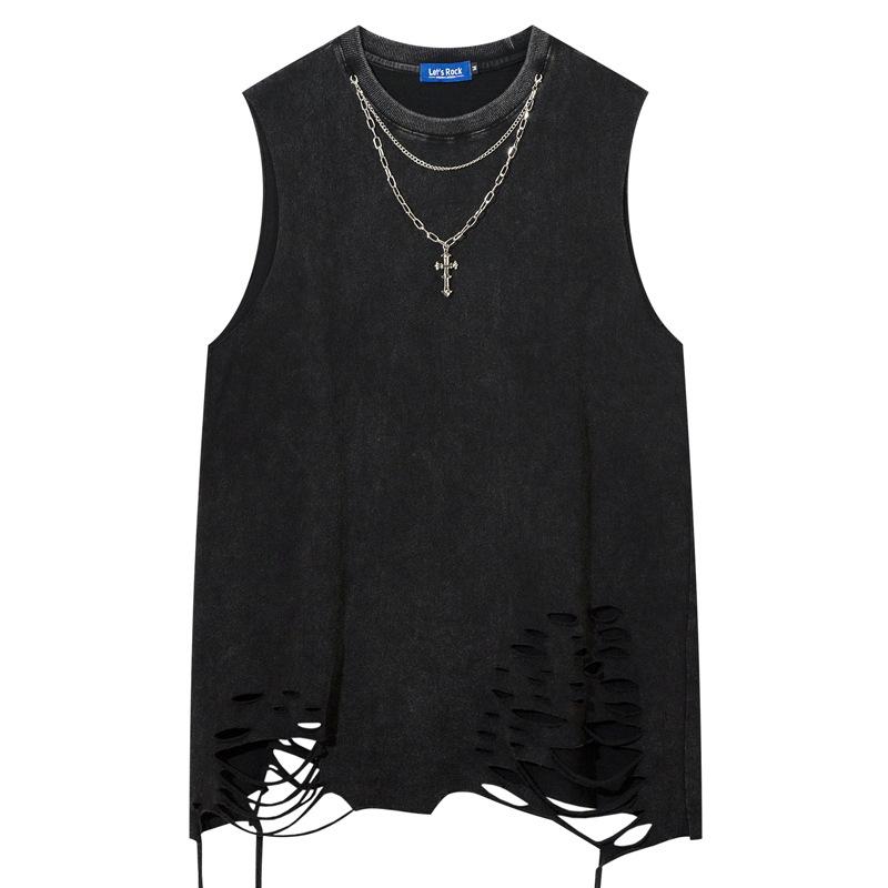 タンクトップ メンズ 高街 コットン 裾ダメージ ノースリーブTシャツ ストリート 黒 緑 グレー 茶色