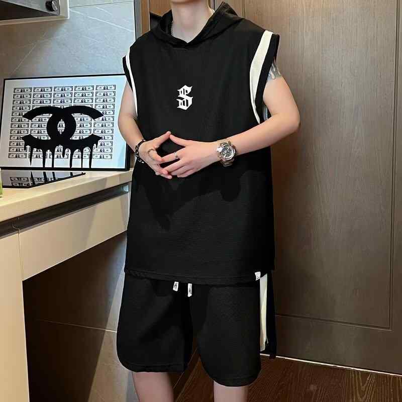 メンズ スポーツ用タンクトップ ショートパンツ 上下セット コットン 薄手 夏 男性用 運動 部屋着 ブラック ホワイト(x2)