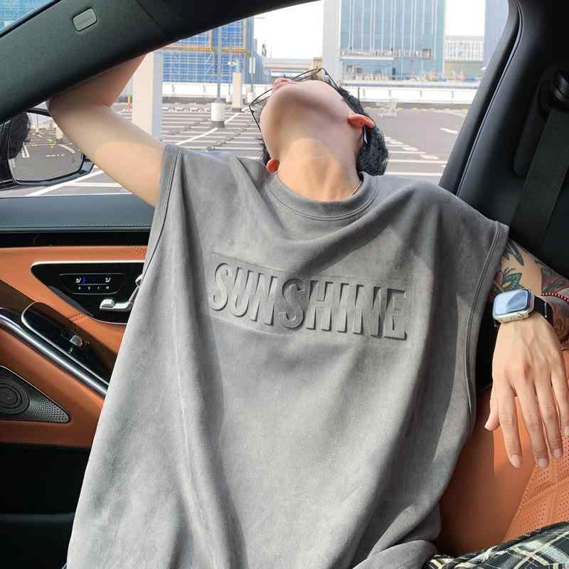 Tシャツ メンズ スウェード調 ノースリーブ タンクトップ 夏 薄手 アメリカン 高見え ストリート 伸縮性 ポリエステル 無地 白 黒 グレー ピンク系