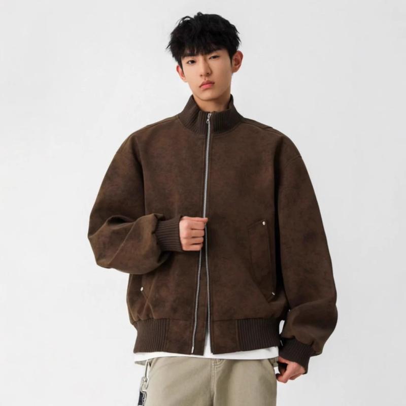 ジャケット メンズ 男性用 ブルゾン スタンドカラー 野球服 普段使い レトロ ゆったり ポリエステル ブラック 黒 カーキ ブラウン ベージュ 春秋