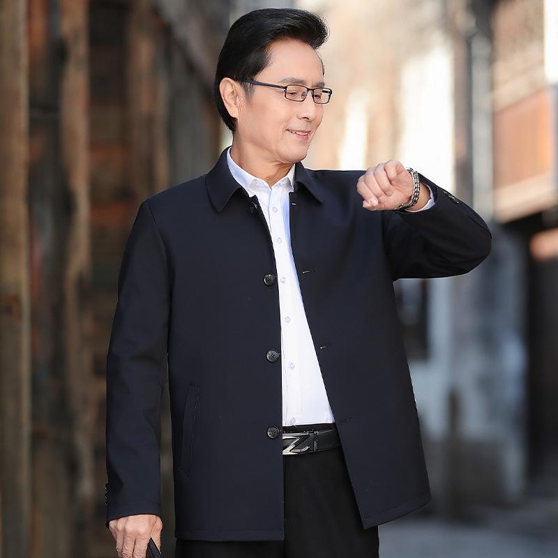 ジャケット 男性用 中老年 紳士服 春秋 アウター ポリエステル 無地 長袖 カーキ ネイビー ブルー M L XL 2XL 3XL 4XL
