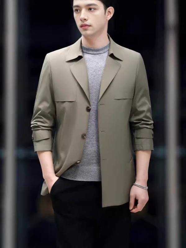 厚地の外套 メンズ 成人男性用 成人男性服 商行為 心地よい スプリングコート 中長丈 ポリエステル 撥水 耐摩耗 無地 普段使い
