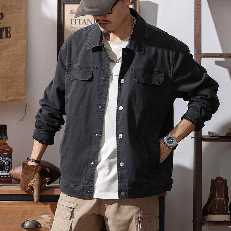 上衣 メンズ 成人男性用 プルオーバー 秋物 アメカジ レトロ 細工物系 ゆったり ルーズフィット 長袖 心地よい アウター 綿 黒 黒いこと 薄墨色