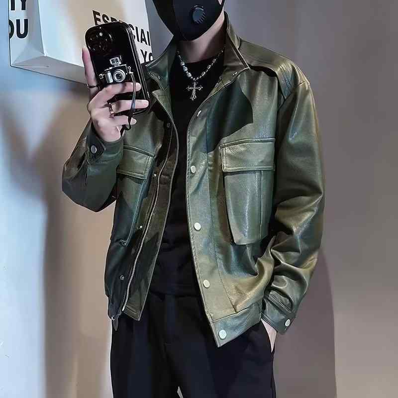 レザージャケット メンズ 男性用 アウター 秋冬 ブルゾン ジャンパー ワークスタイル カジュアル ブラック 黒 グリーン 緑(x2)