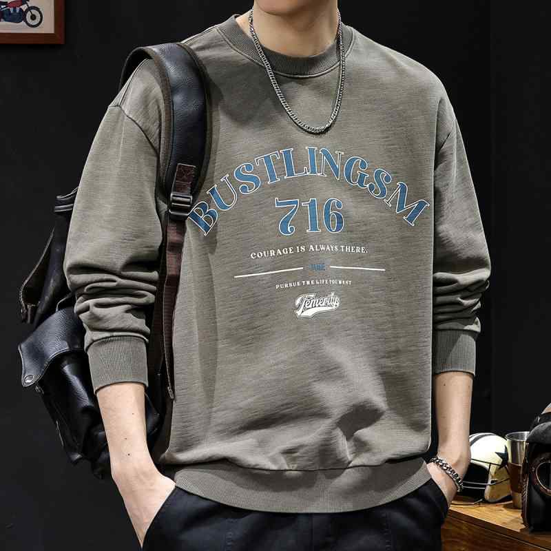 スウェット メンズ 男性用 トップス 春秋 竹節コットン 長袖 丸首 プルオーバー プリント ロゴ カフェ色 グレー 大きいサイズ ゆったりシルエット カジュアル