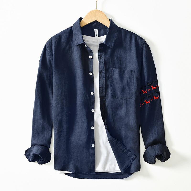 シャツ メンズ 男性用 トップス 長袖 リネン 麻 刺繍 春夏 秋冬 カジュアル ゆったり ポケット付き 白 ホワイト ベージュ ブルー ネイビー M L XL XXL XXXL