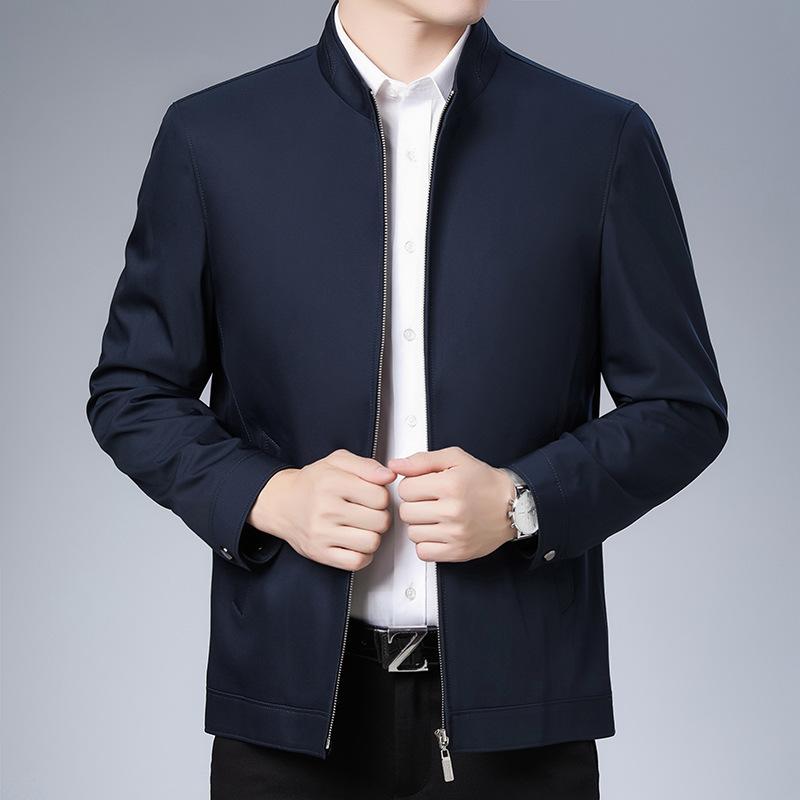 ジャケット メンズ 男性用 紳士服 カジュアル ビジネス ニット 立ち襟 無地 長袖 春秋 ポリエステル アウター ジャンパー ブルゾン カーキ ブラック