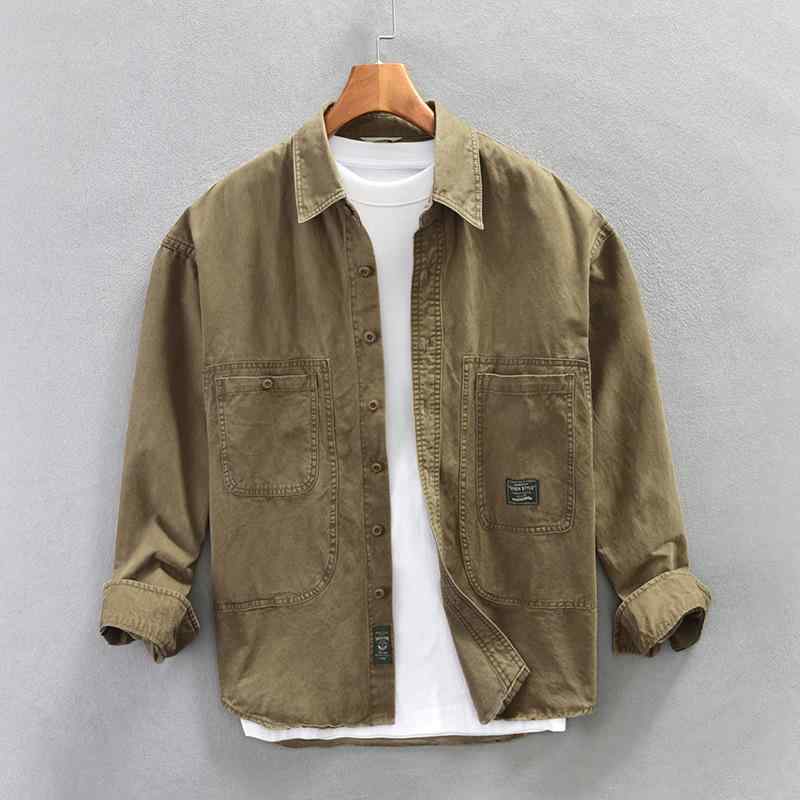 シャツ メンズ 男性用 コットン ワークシャツ 長袖 カーキ グレー アーミーグリーン M L XL 2XL 3XL 4XL