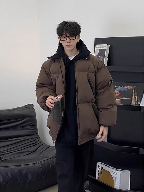 綿ジャケット メンズ 韓国 ワークウェアスタイル ショート丈 中綿 ポリエステル 立ち襟 秋冬 黒 ブラック ブラウン 普段使い アウター
