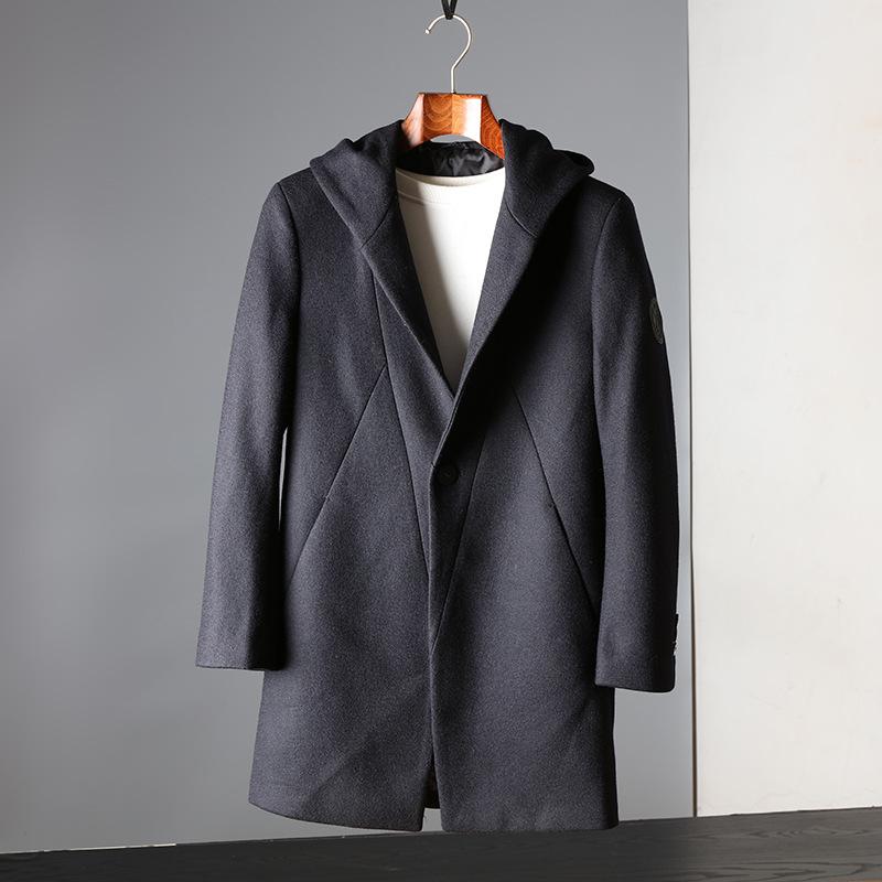 コート メンズ 男性用 ウール混紡 フード付き ミドル丈 ビジネス 秋冬 スリムフィット ブラック(x5)|LINEAR shop