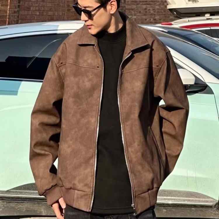 ジャケット メンズ 男性用 PUレザー アメリカンレトロ リベット スタッズ 襟付き 野球服 メラード ブルゾン ライトアウター 春秋 普段使い 耐摩耗 通気 ブラウン グレー系