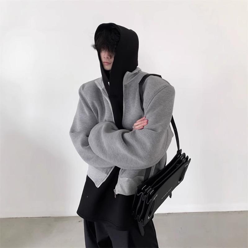 ジャケット メンズ 韓国 ブルゾン ショート丈 立襟 ポリエステル 無地 グレー ブラック ドロップショルダー アウター