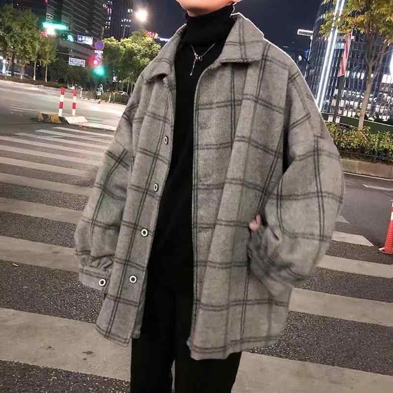 ジャケット メンズ 格子柄 ウール アウター 秋冬 レトロ 港風 ゆったり カジュアル 防寒 グレー ブルー カーキ