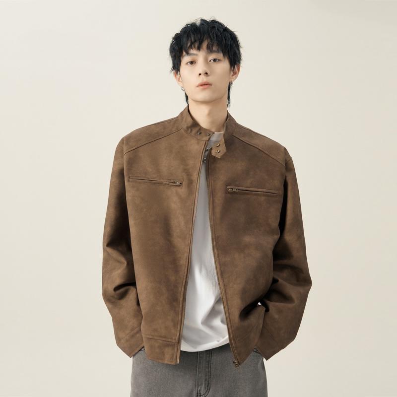 ジャケット 男性用 レザージャケット ヴィンテージ ブルゾン スタンドカラー ワークジャケット 棕色 PUレザー 春秋 カジュアル ポケット