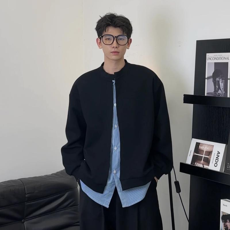 パーカー メンズ 韓国 ストライプ 切り替え フェイクレイヤード カーディガン 長袖 トップス 部屋着 普段使い 春秋