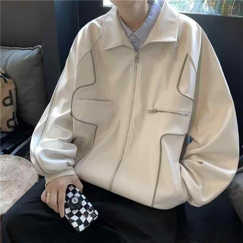 ジャケット メンズ 男性用 レザージャケット バイク アウター 秋冬 長袖 ゆったり ルーズフィット スタンドカラー ライトアウター 黒 白 緑