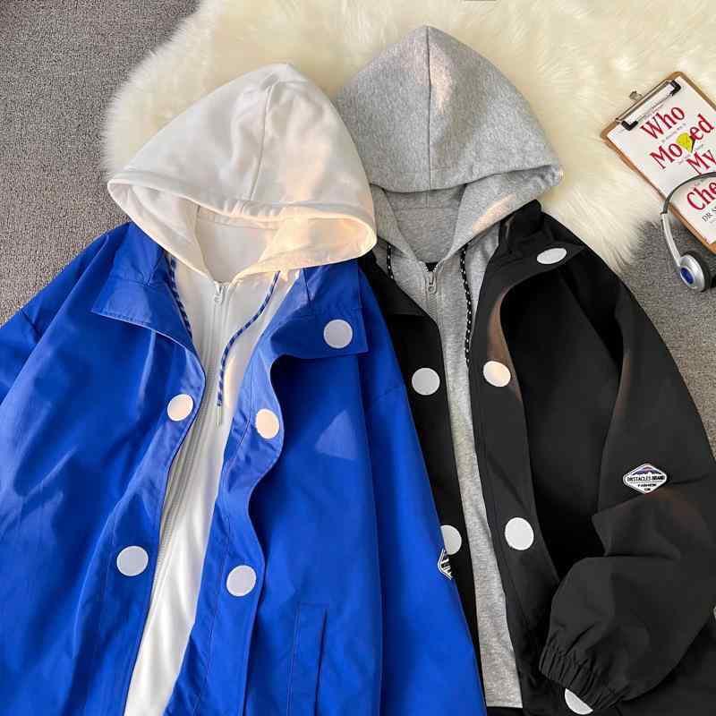 ジャケット 男性用 ブルゾン 秋物 アウター フェイクレイヤード フード付き 配色 切り替え ポリエステル ブラック カーキ ブルー