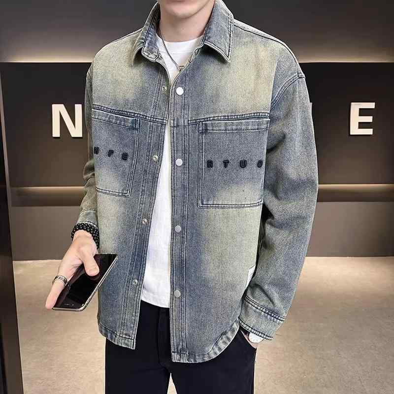 ジャケット メンズ デニム ウォッシュ加工 襟付き 長袖 ブルゾン トップス ストリート カジュアル スプリングコート ライトアウター