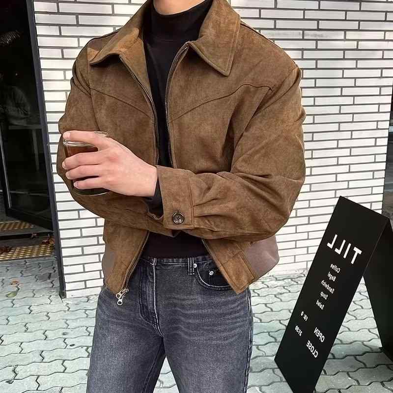 ジャケット メンズ 男性用 レトロ ショート丈 ブルゾン 春秋 ジップアップ 襟付き 耐摩耗性 ルーズフィット ドロップショルダー ブラック 黒 ブラウン 茶色