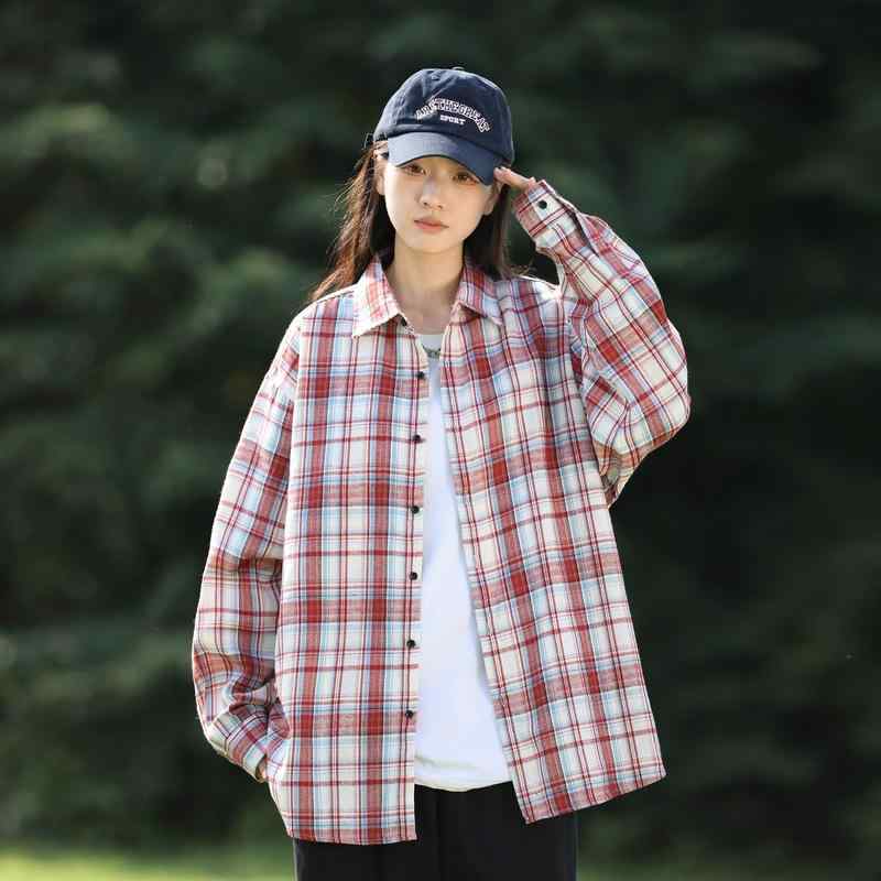 シャツ 男女兼用 レトロ チェック柄 長袖 ポリエステル 混紡 ゆったり 羽織り トップス カジュアルスタイル ブルー グリーン オレンジ イエロー レッド ブラック