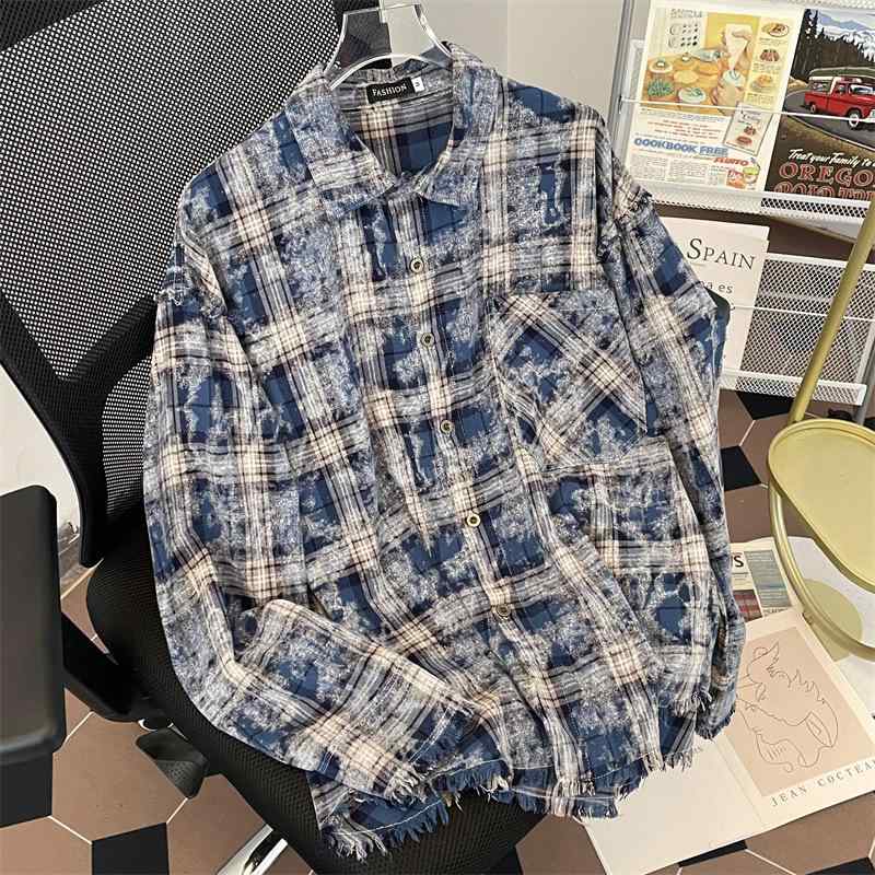シャツ メンズ 格子柄 切り替え ダメージ加工 マオカラー ポリエステル ルーズ 長袖 トップス 春秋 カジュアル ブラック ブルー