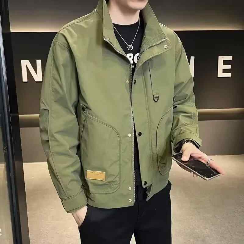 ジャケット メンズ 春秋 立襟 ワークジャケット ブルゾン アウター トップス 長袖 耐摩耗性 無地 黒 緑
