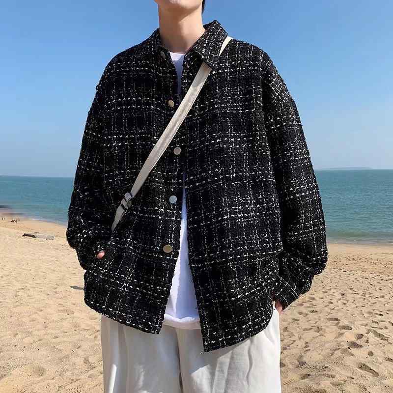 ジャケット メンズ 春秋 格子柄 10代 20代 襟付き ポリエステル 黒 白 アウター