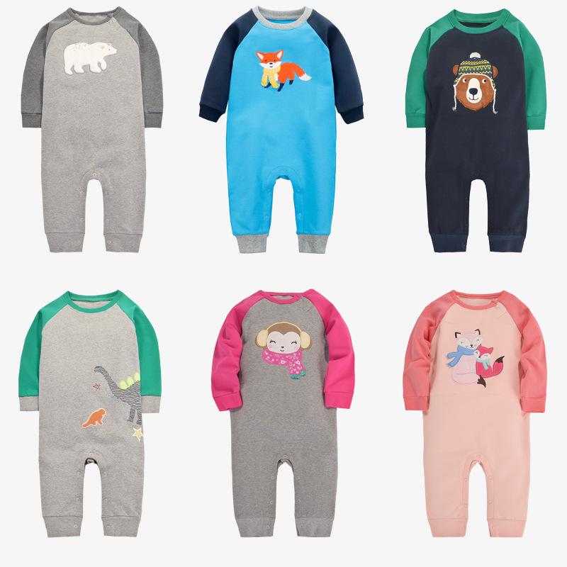 ベビー服 長袖ロンパース カバーオール ジャンプスーツ 厚手 裏起毛 コットン 狐 北極熊 恐竜 サル アニマル柄 秋冬 0歳 1歳 2歳(x3)