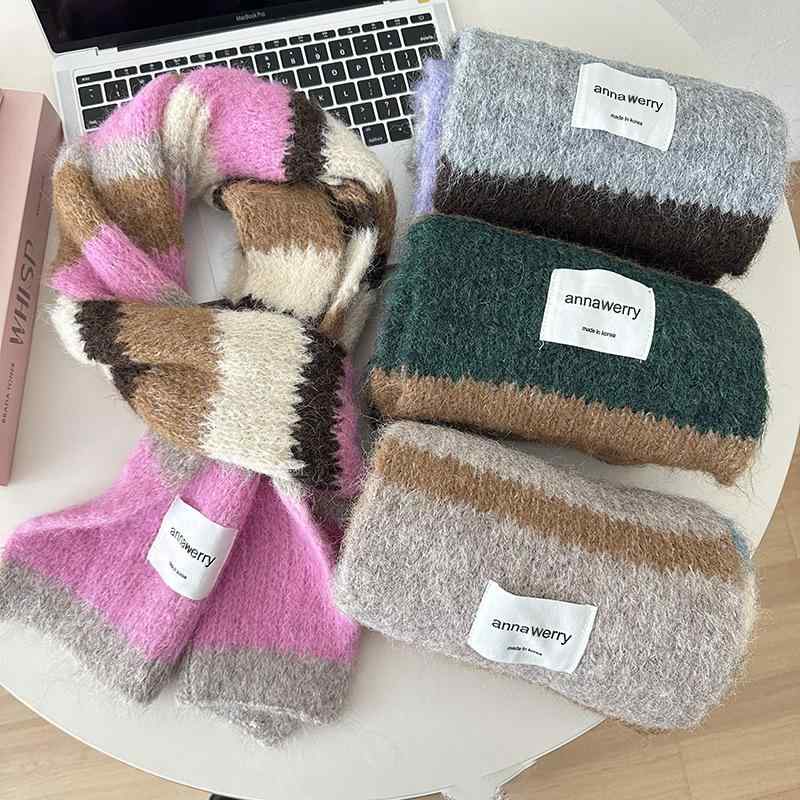 マフラー レディース ストライプ柄 ウール ショール 秋冬 ニット モヘア かわいい 暖かい 韓国 ピンク系(x2)