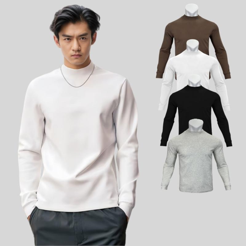 Tシャツ メンズ 男性用 ハーフハイネック 長袖 トップス スポーツウェア トレーニングウェア インナー 伸縮性 吸湿速乾 磨毛 厚手 カフェ色 ブラック 黒 浅灰色 ライトグレー 白 ホワイト 綿