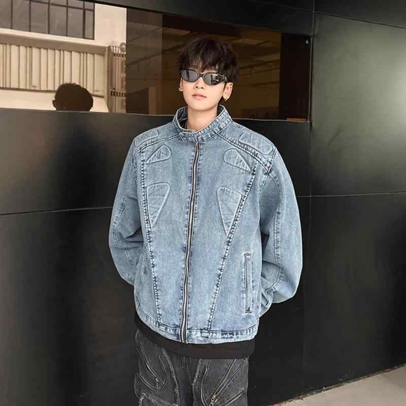 上衣 メンズ ジーンズ 立襟 ウォッシュ産業 心地よい 上衣 年月 刺しゅう ゆったり 青 黒(x2)