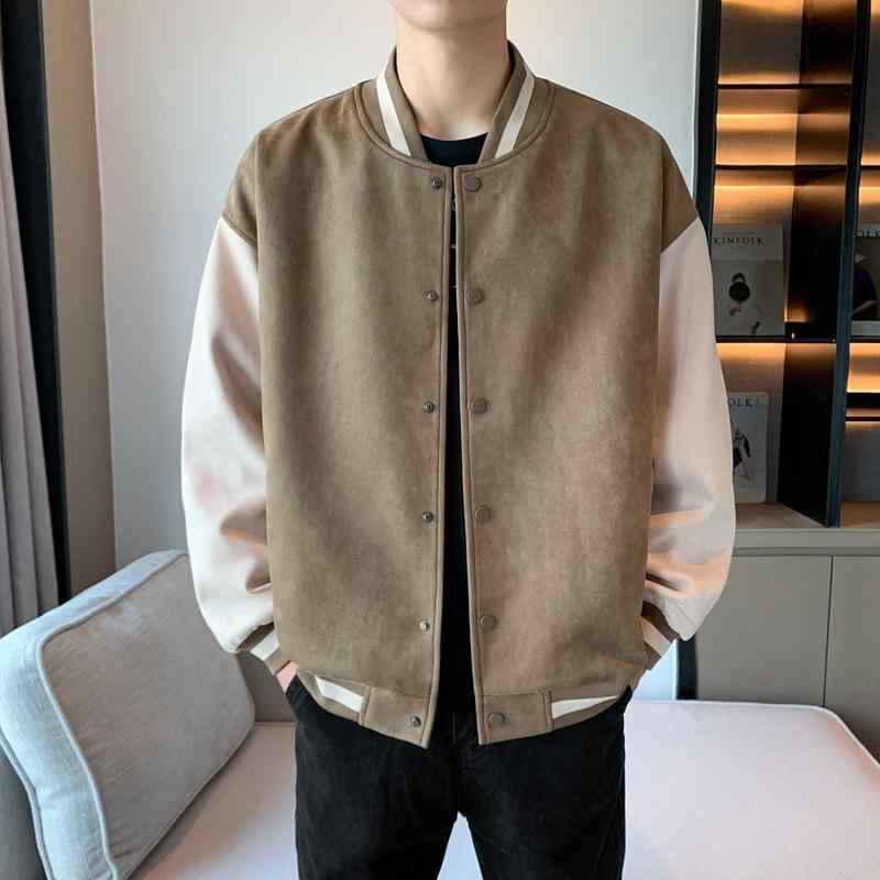 ジャケット 男性用 スエード ブルゾン 韓国 切り替え 春秋 合体 伸縮性 通気性 耐摩耗性 普段使い 部屋着 ブラウン ブラック ポリエステル