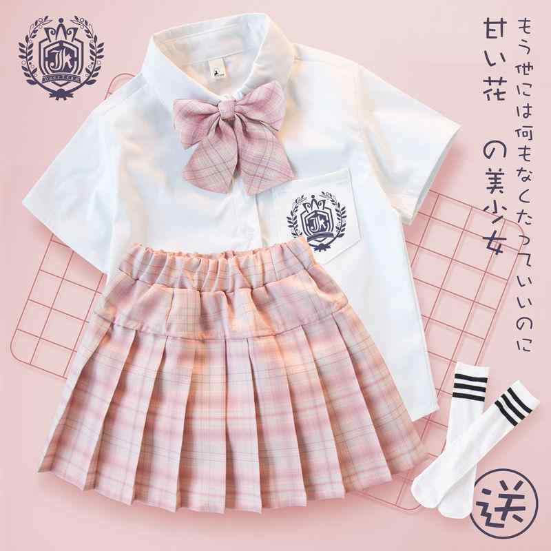 ワンピース 子供 jk制服 スカート 女の子 小学生 子供服 セットアップ プリーツスカート 夏服 半袖 無地 学院風 110 120 130 140 150 160 170 ホワイト ブラック ピンク 3点セット（腰ベルト 蝶ネクタイ 靴下）