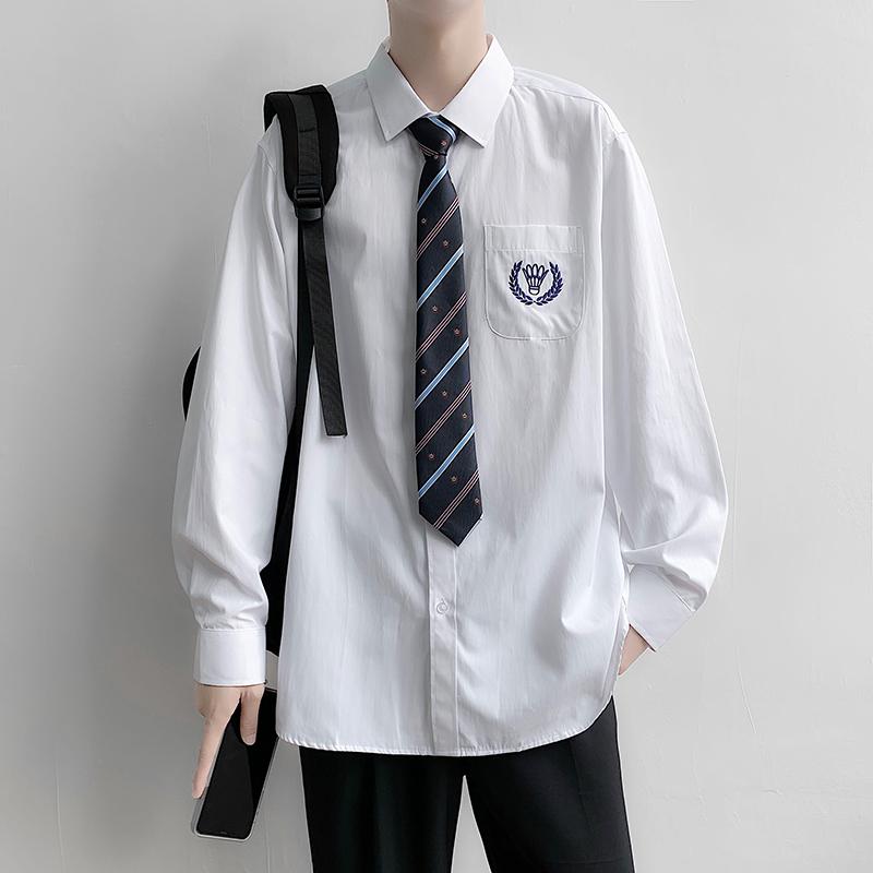 シャツ メンズ 長袖 無地 リネン混紡 トップス 学生 スクール 制服 カジュアル ゆったり 白 ホワイト