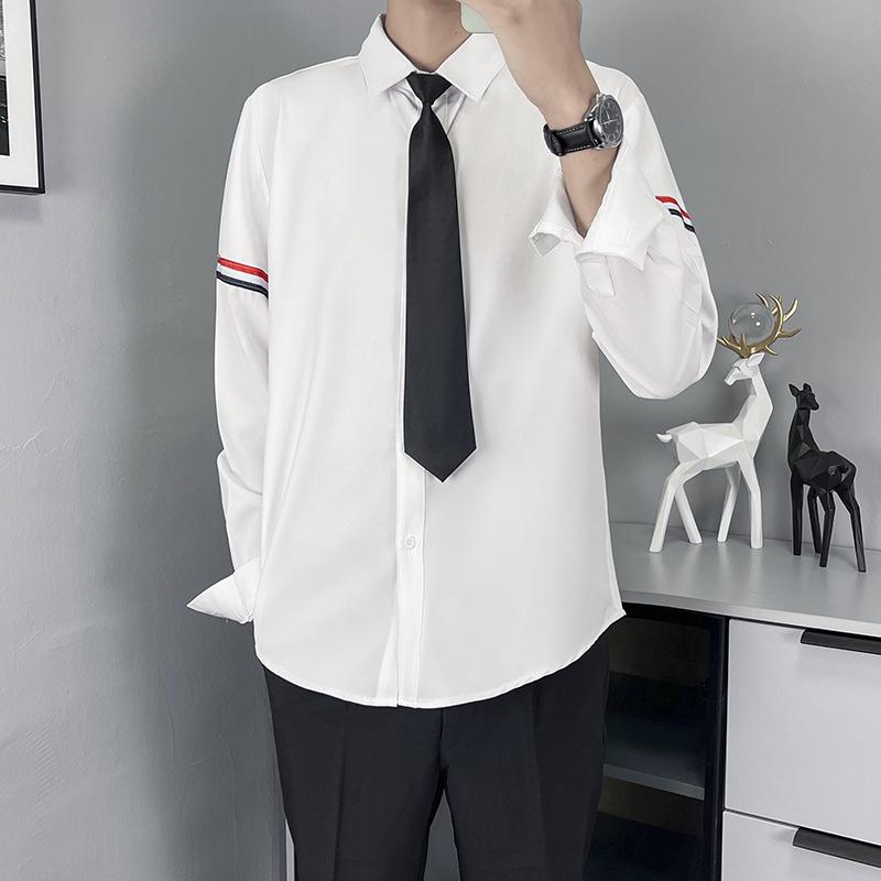 シャツ 男性用 長袖 ポリエステル 無地 スキッパーネック スリムフィット トップス 形態安定 イージーケア ホワイト 白 ブルー 青 韓国(x2)