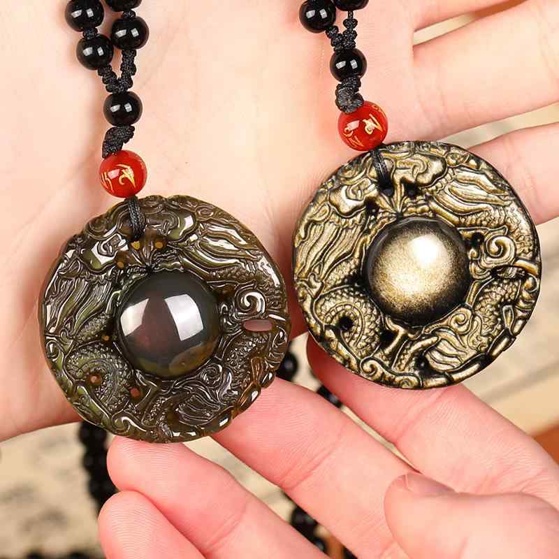 ネックレス メンズ 黒曜石 ダブルドラゴン 六字真言 ペンダント 金耀石 アミュレット お守り 縁起物 和風 オブシディアン 4,512円
