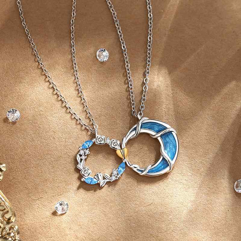 ネックレス レディース メンズ シルバー925 ムーン 月 花 フラワー ドロップペイント ペア お揃い カップル プレゼント ギフト 花前月下