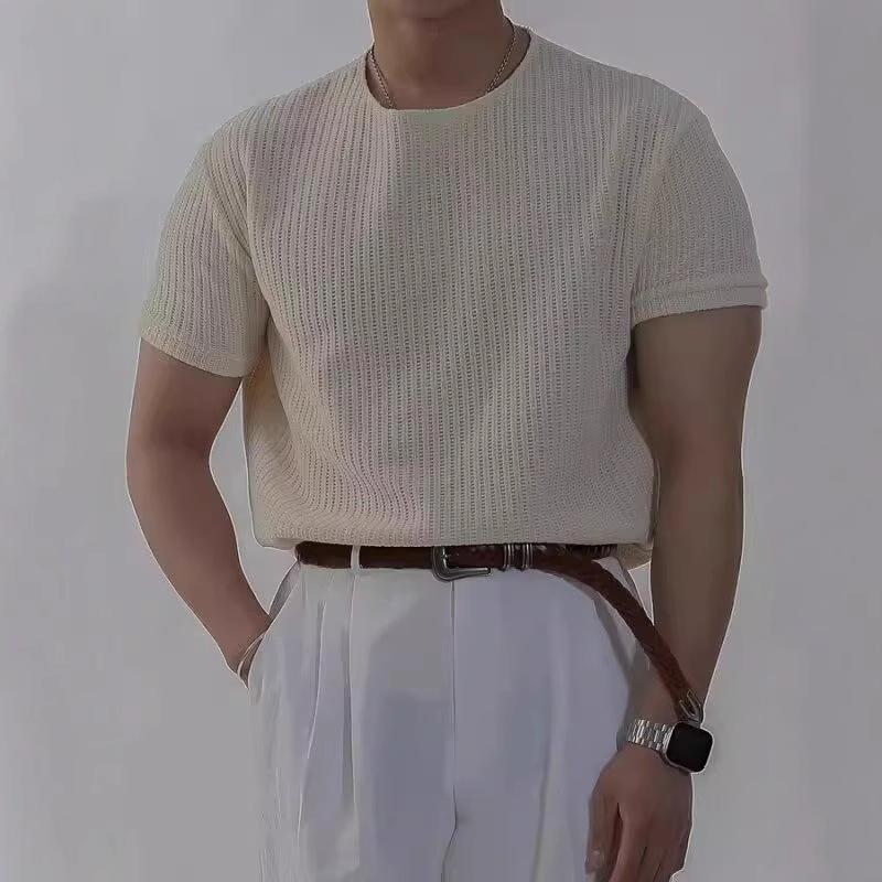 Tシャツ メンズ 男性用 ニット カットソー レトロ ヨーロピアン 接触冷感 通気性 トップス インナー ブラック グレー ベージュ