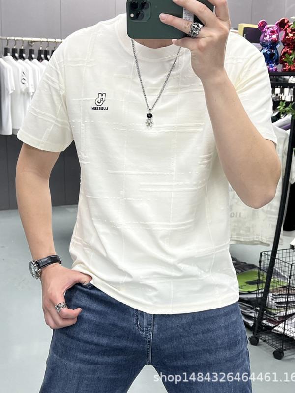Tシャツ メンズ 半袖 コットン 格子柄 刺繍 スリムフィット 丸首 カットソー トップス ブラック ホワイト 通気性 耐摩耗性
