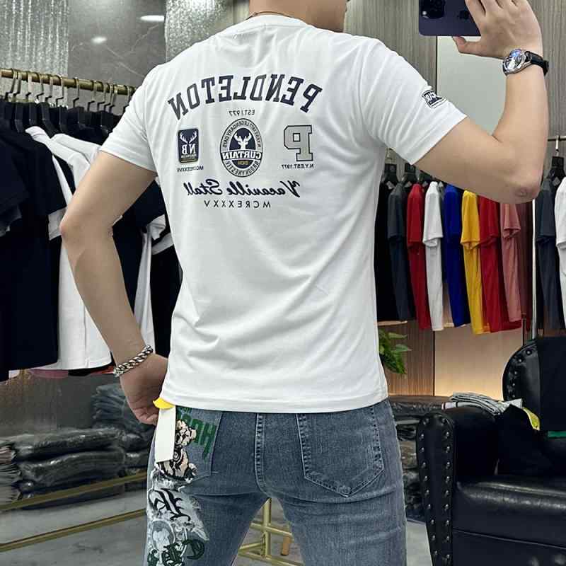 Tシャツ メンズ トップス 半袖 コットン スリムフィット 刺繍 ラウンドネック カットソー 薄手 鹿の角プリント ホワイト ブラック グリーン ヨーロピアン