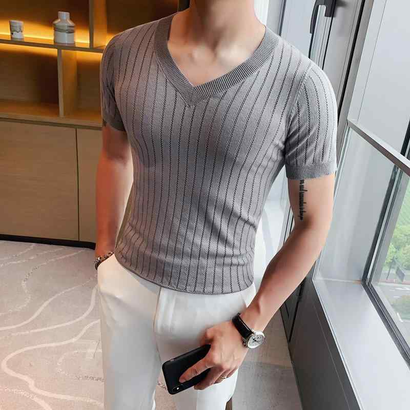 Tシャツ メンズ Vネック ニット 薄手 スリムフィット ストレッチ ストライプ 半袖 カットソー 韓国 トップス ホワイト グレー ブラック コーヒー色