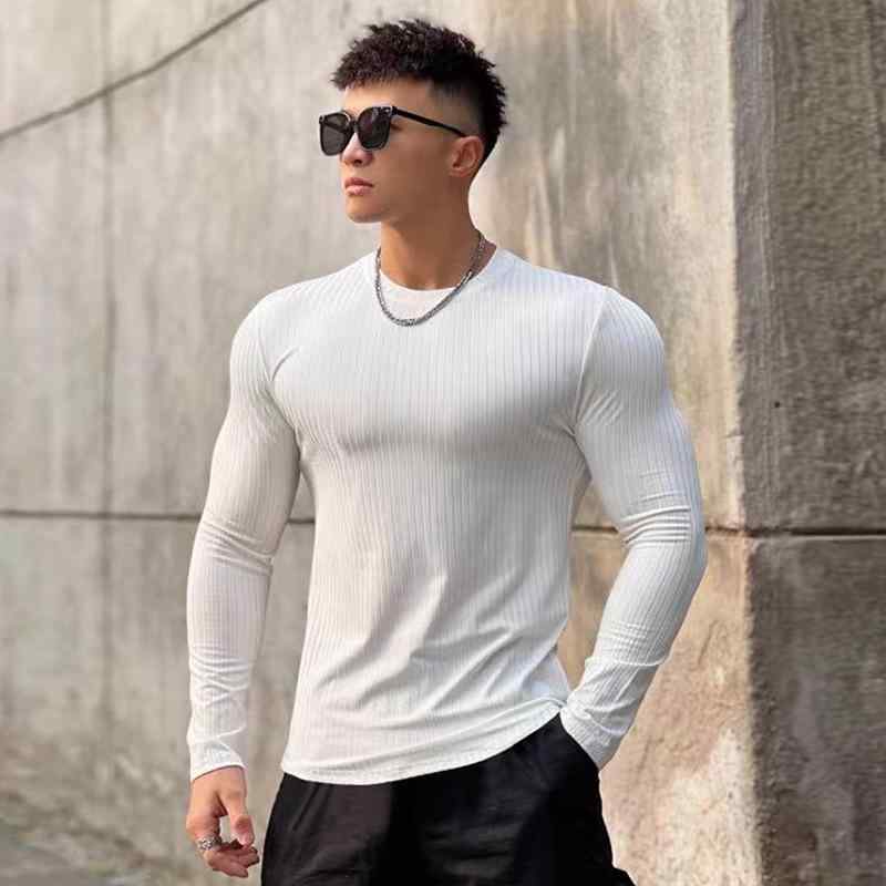 Tシャツ メンズ 男性用 秋冬 スポーツウェア ランニング トレーニングウェア 長袖 丸首 ストライプ柄 伸縮性 速乾性 ポリエステル ブラック ホワイト グレー イエロー