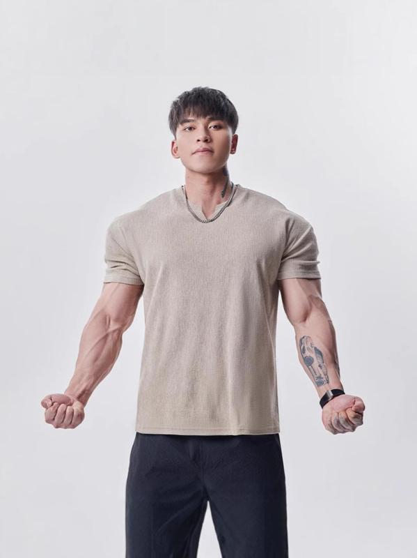 Tシャツ メンズ スポーツ トレーニングウェア 半袖 ポリエステル 無地 薄手 Vネック クルーネック カットソー トップス