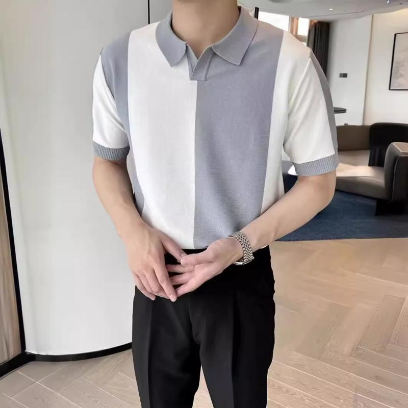 ポロシャツ メンズ 半袖 ニット トップス 接触冷感 Vネック スリムフィット Tシャツ 男性用 春夏 配色 グレー ホワイト ブラック