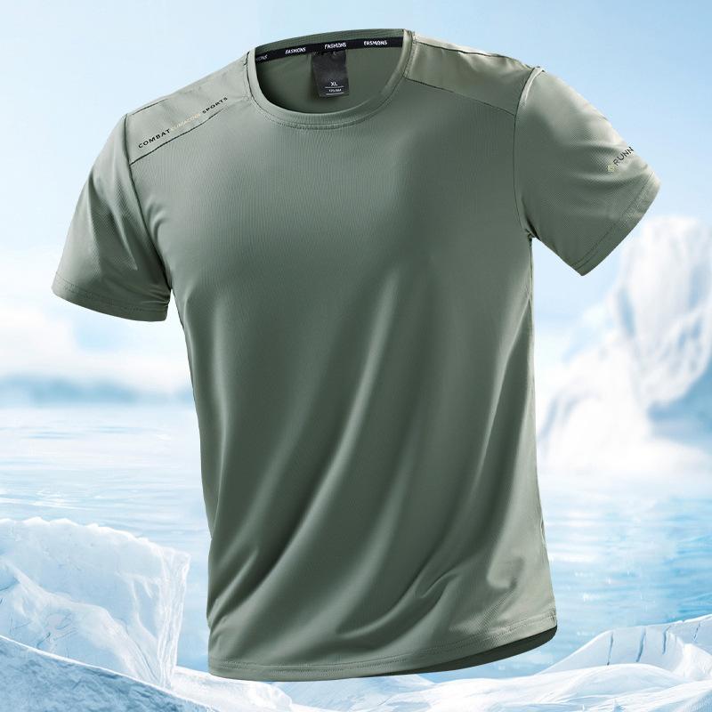 Tシャツ メンズ 男性用 スポーツウェア 速乾性 薄手 トレーニング ランニング 接触冷感 クルーネック 無地 軍緑 浅棕色 紺色 白 グレー