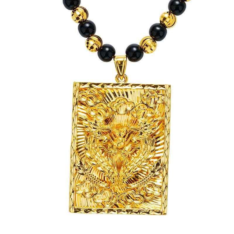 ネックレス メンズ ペンダントトップ ドラゴン 龍 双竜 黄銅 24k ゴールド 電気メッキ加工 風 黒曜石風