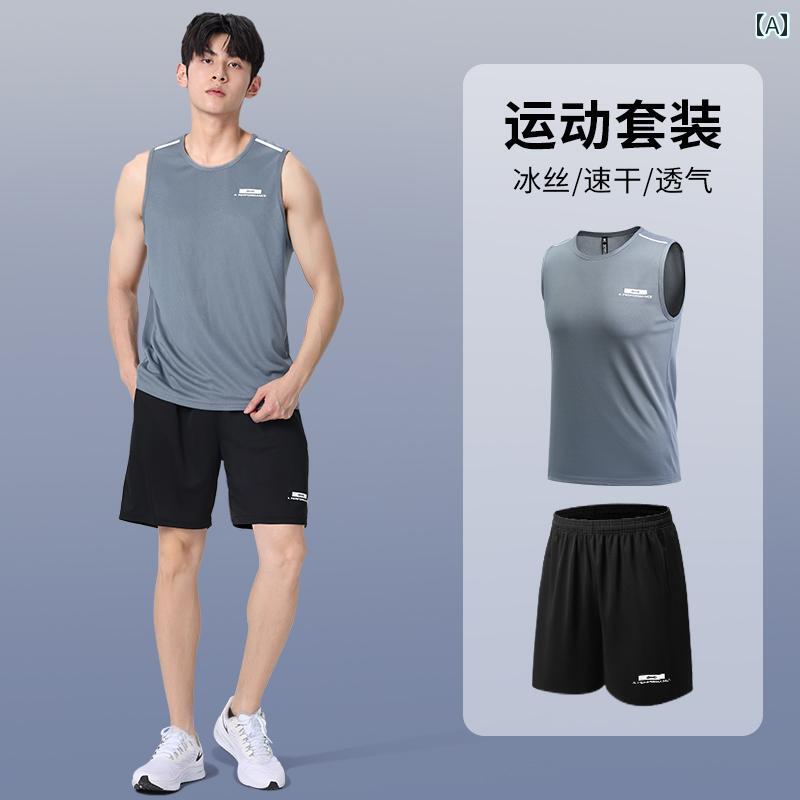 フィットネスウェア メンズ 涼しい クール 快適 速乾 ベスト スポーツウェア スーツ 夏 ノースリーブ Tシャツ ランニング バスケットボール トレーニング 半袖