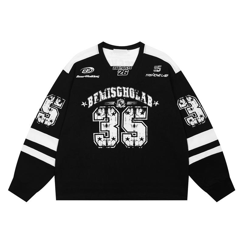 Tシャツ メンズ 男性用 レトロ ストリート スポーティー ロゴ プリント 長袖 トップス ペアルック ゆったり ブラック ホワイト コットン